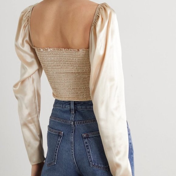 Reformation Roe Shirred Satin Silk Gold Champagne Blouse Top US 8| Medium - Picture 2 of 10